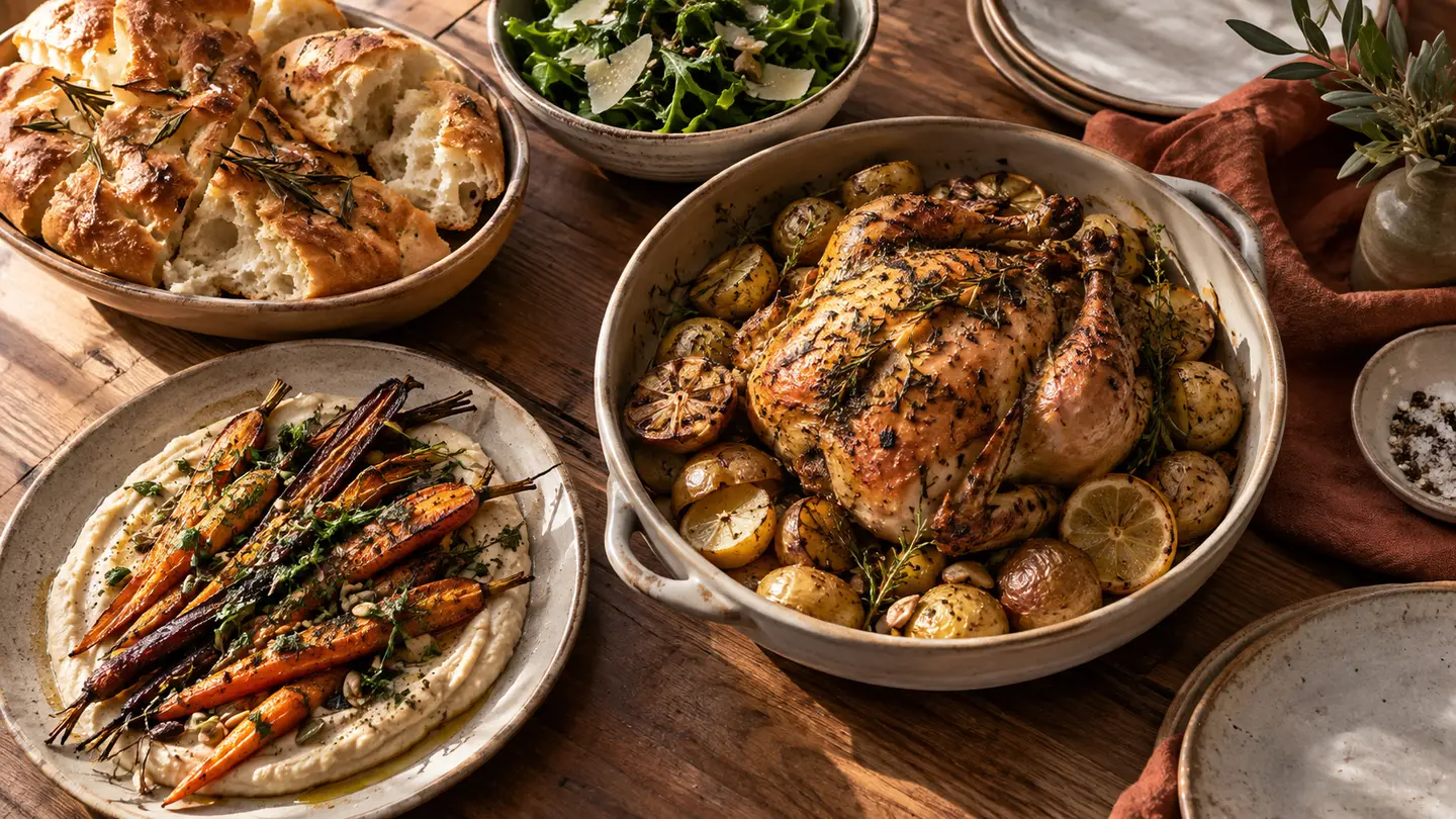 Illustrative seasonal sharing meal with focaccia, vegetables and roast chicken