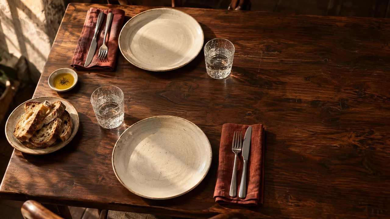 Ceramic plates laid out on a wooden restaurant table